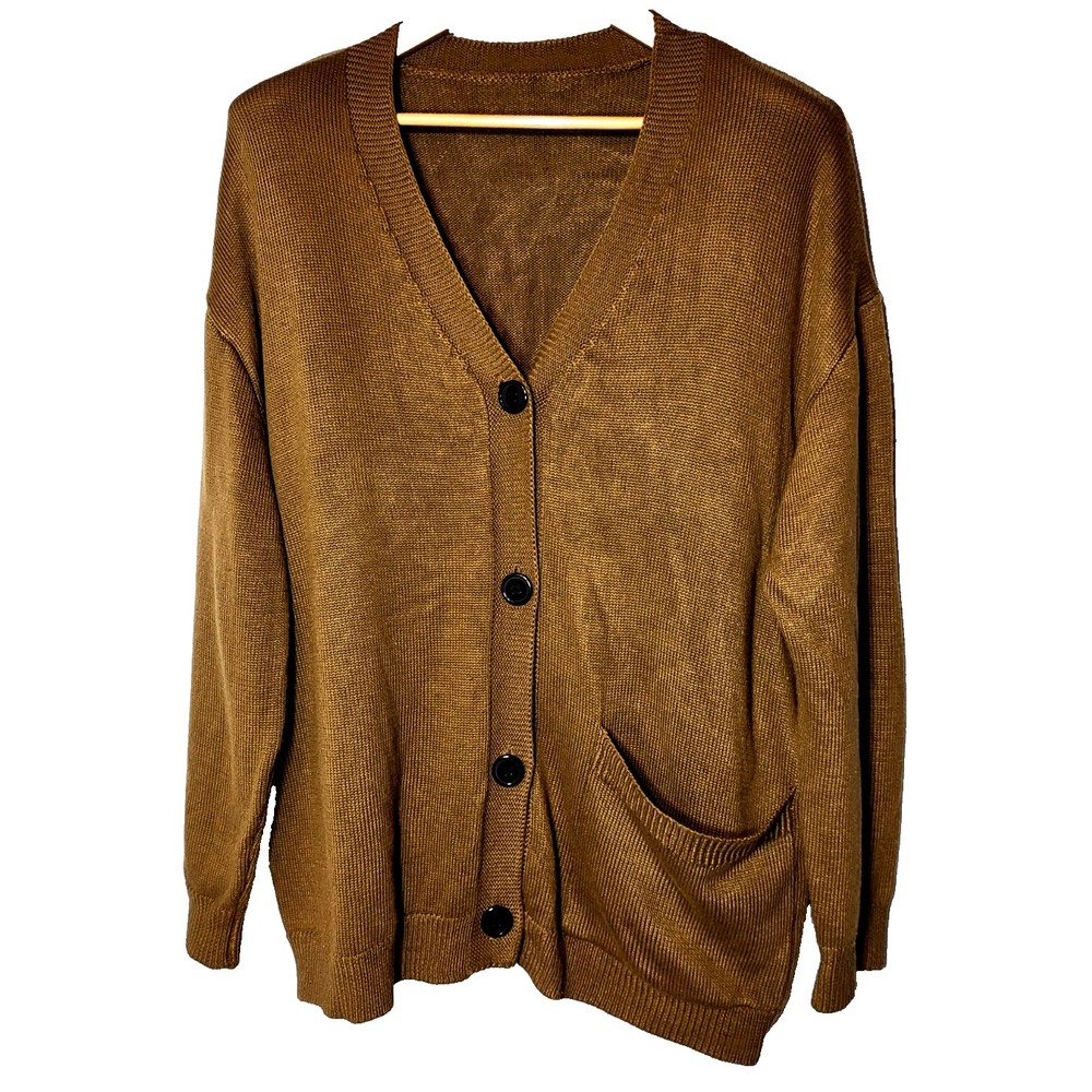 Dazy Brown V-Neck Button Front Long Sleeve Thick Cardigan Pocket Size XL Grandpa